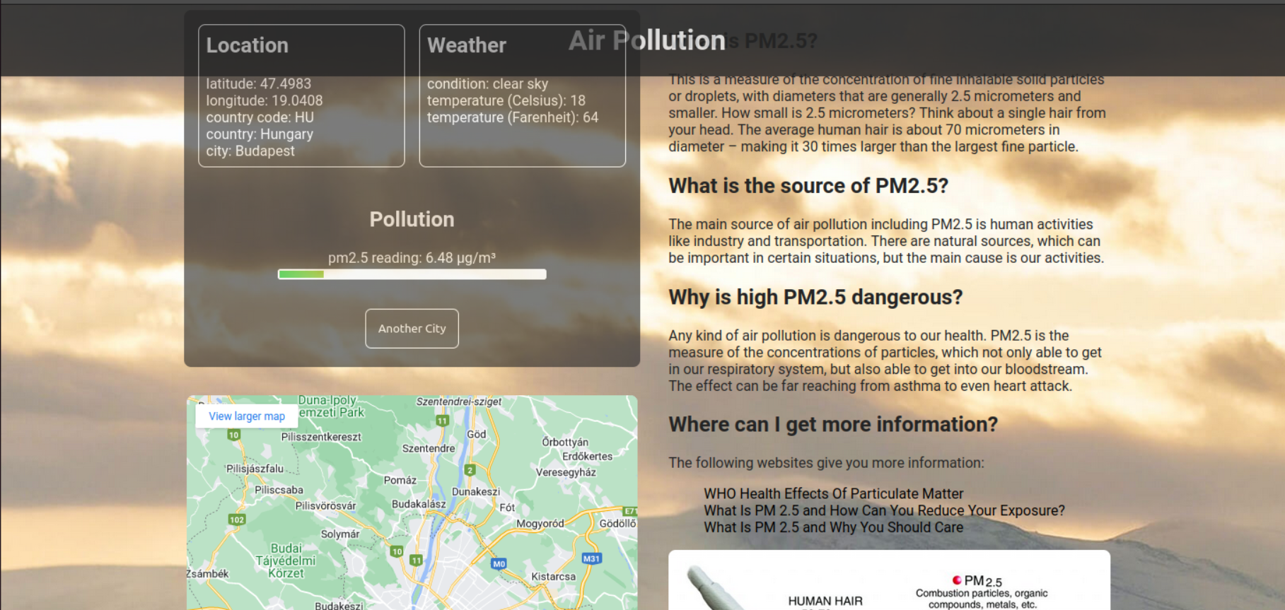 screenshot of the air quality app